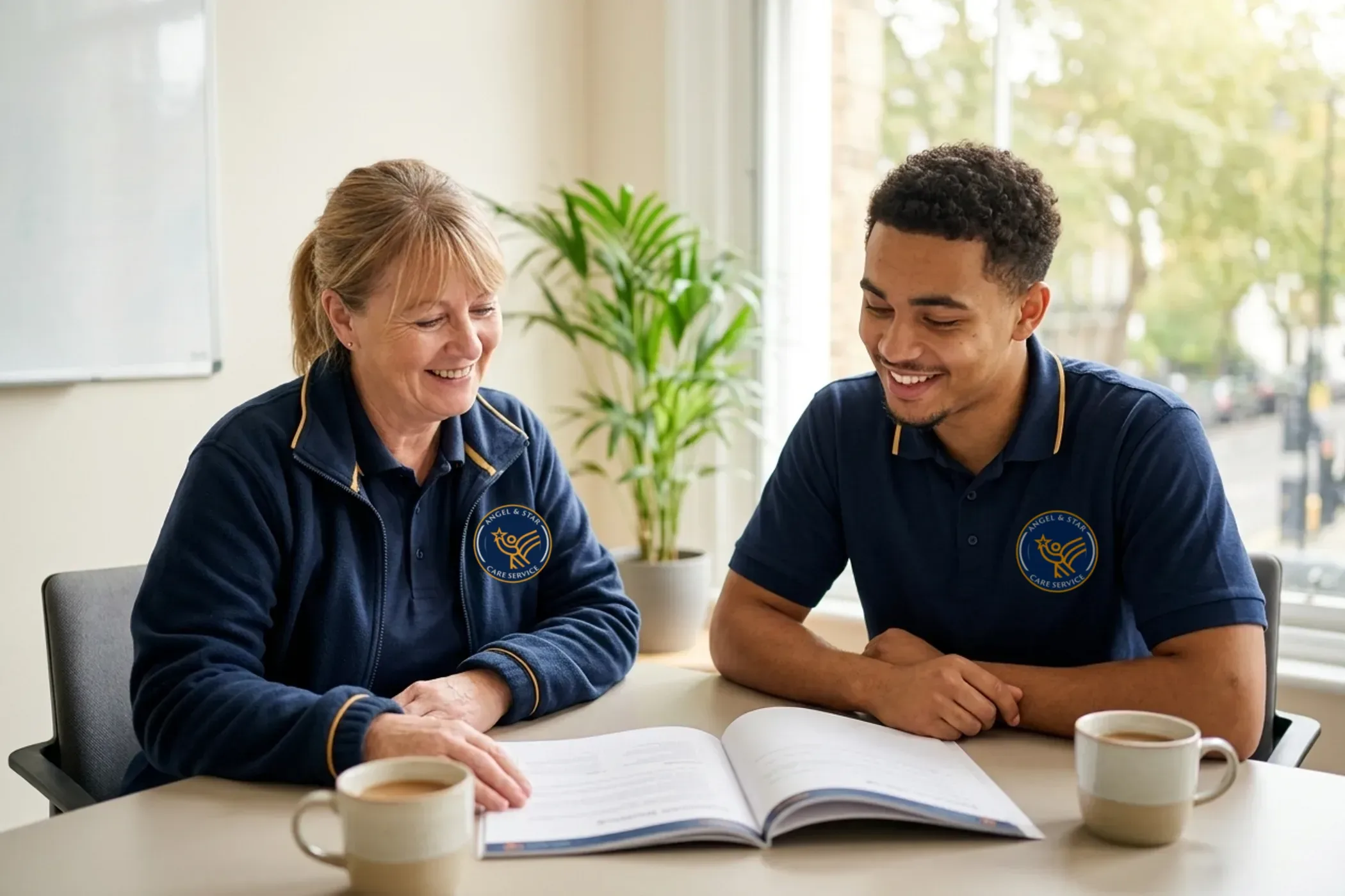 Angel & Star senior support worker mentoring a new colleague during induction training in Nuneaton