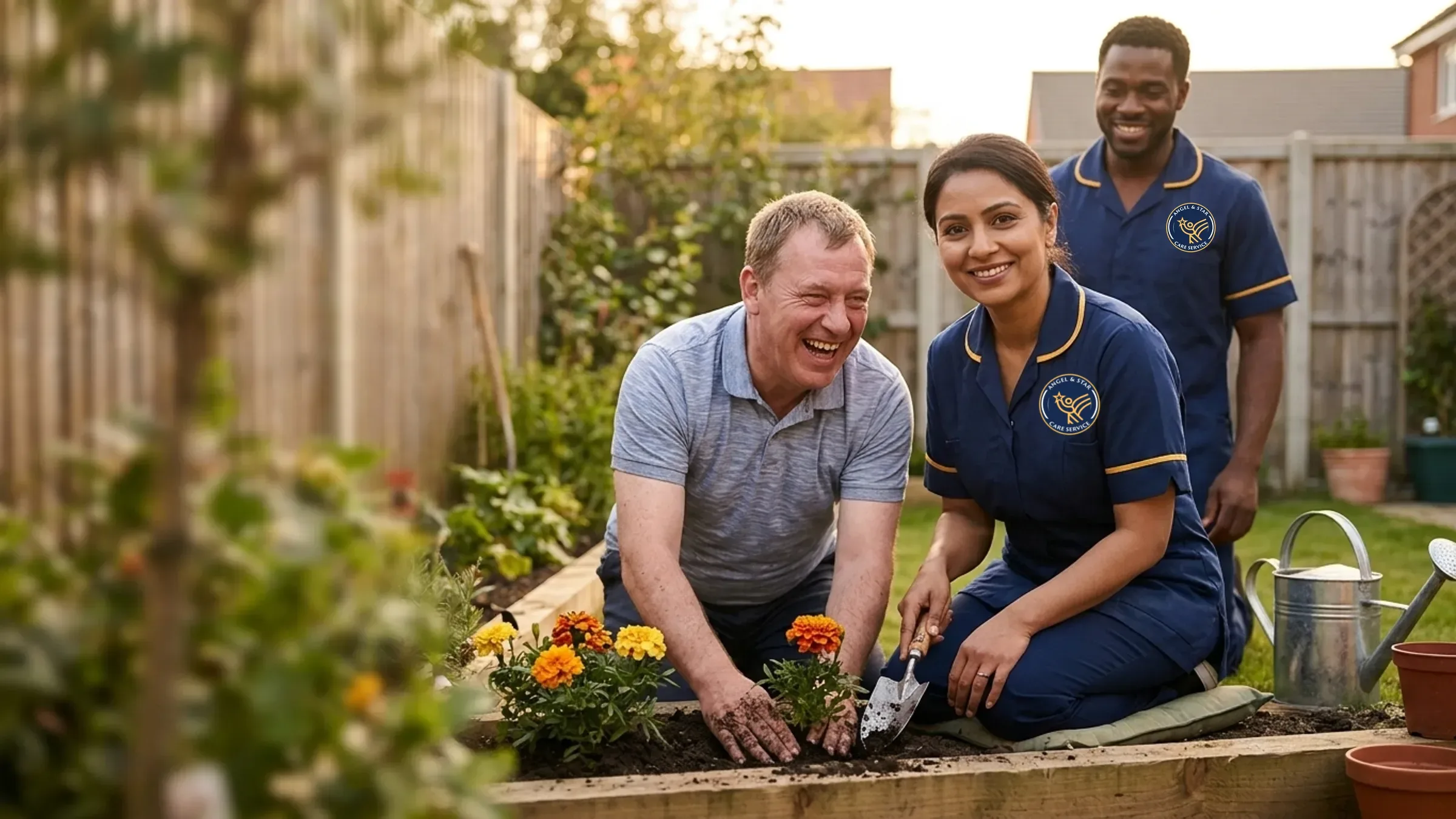Angel & Star support worker planting flowers with a man she supports in a garden in Nuneaton, Warwickshire