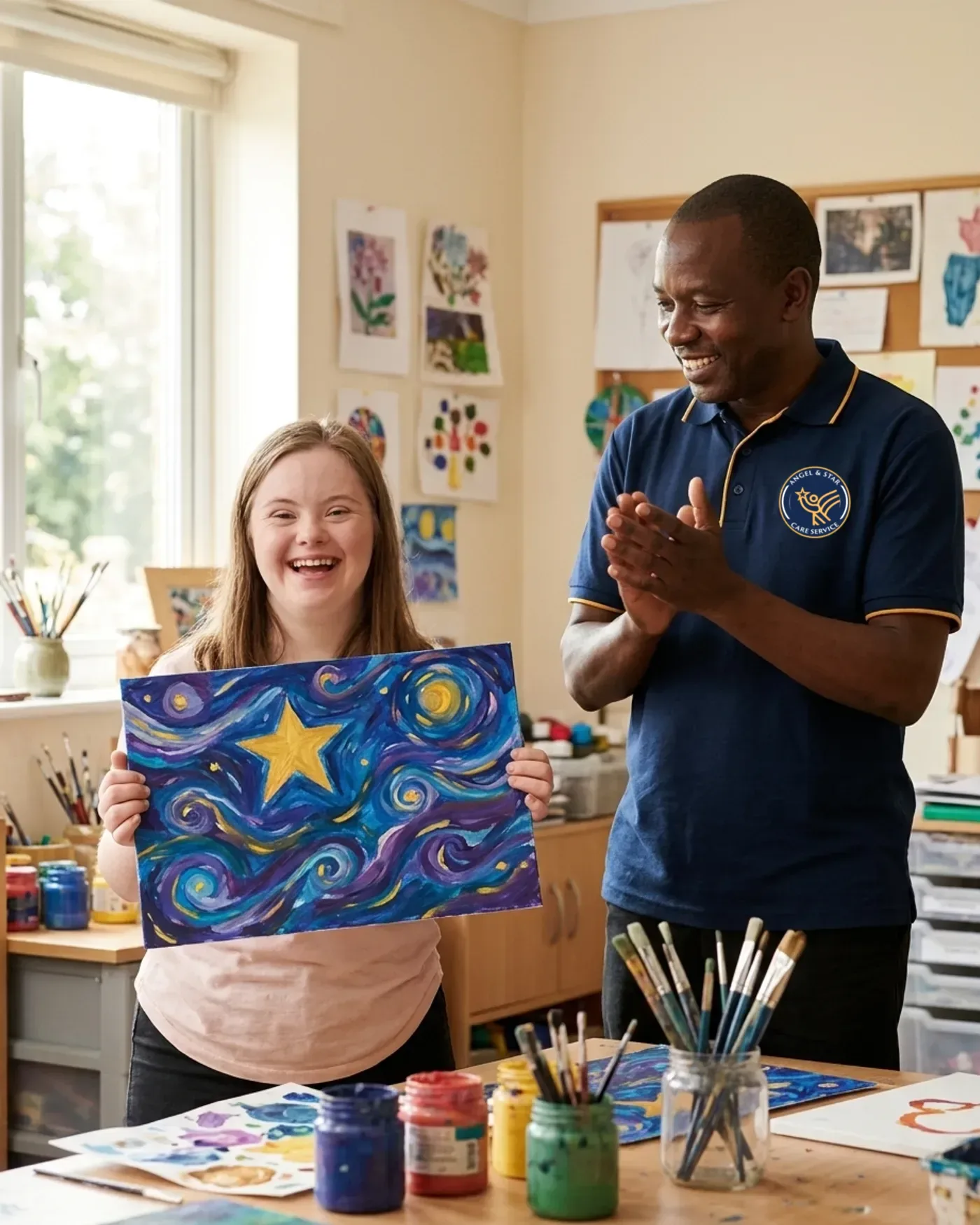 Young woman proudly showing her painting with an Angel & Star support worker at a community art group in Warwickshire