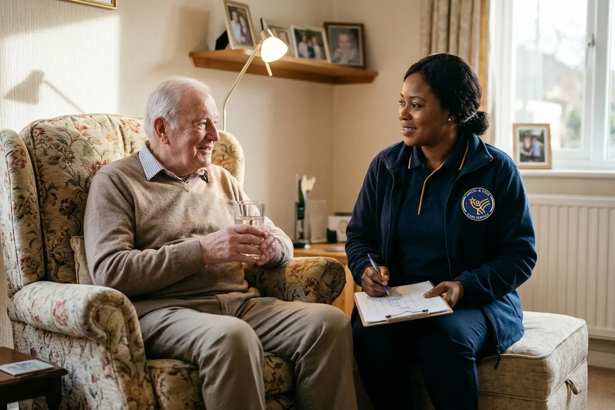 Older man at home in his armchair with an Angel & Star support worker helping him stay safe and well in Nuneaton