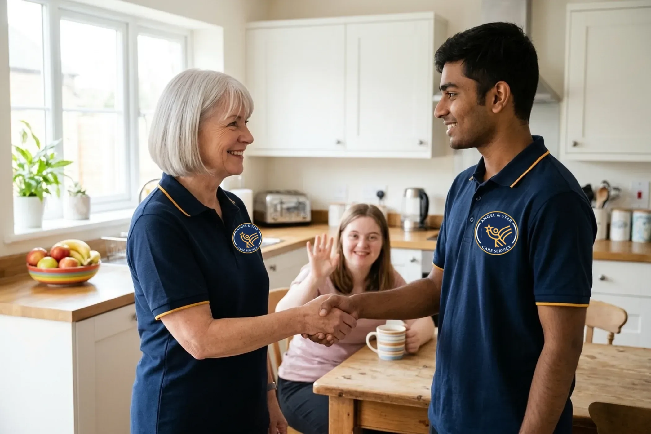 Experienced Angel & Star support worker welcoming a new colleague on his first day at a supported living home in Nuneaton