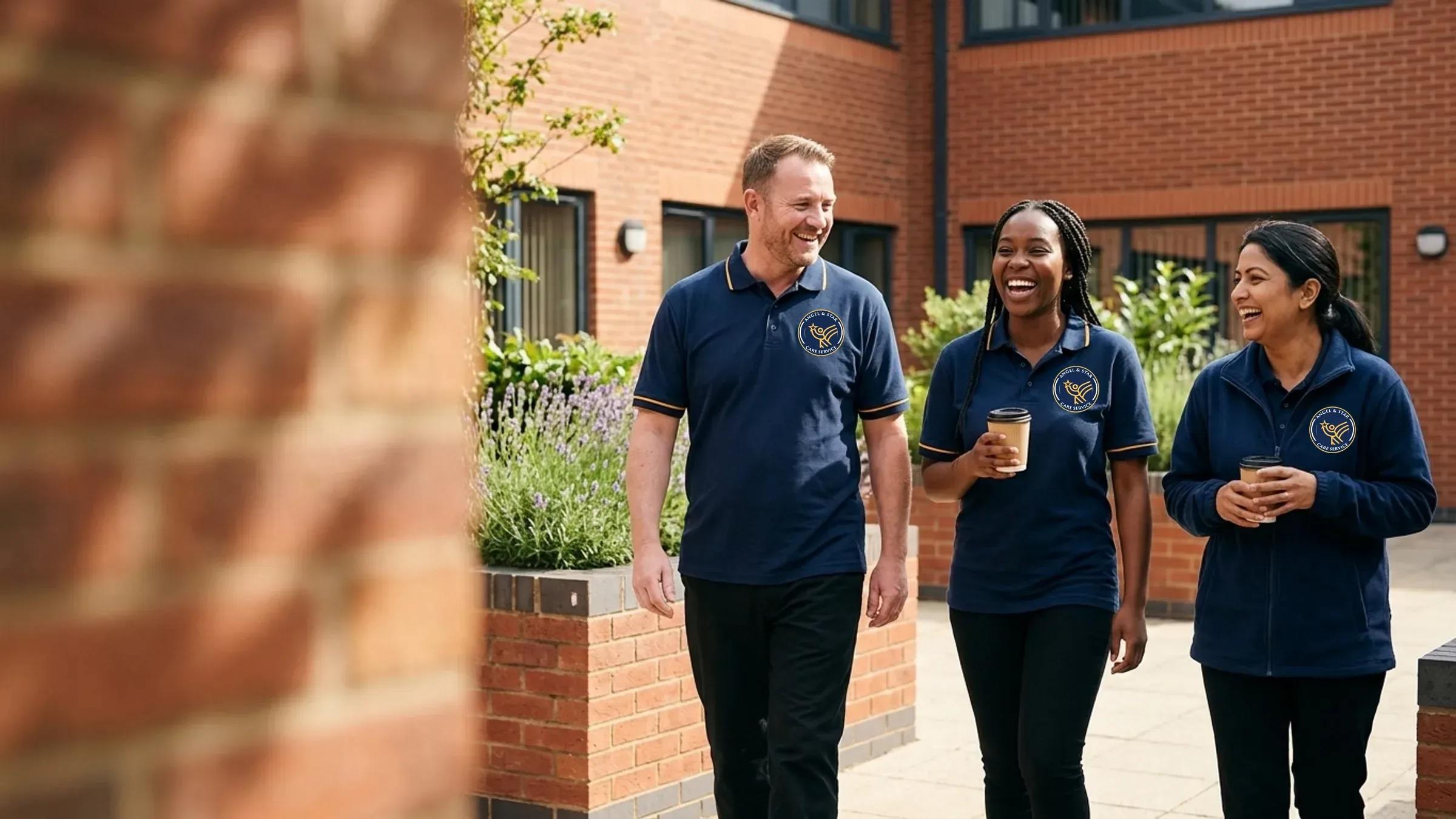 Angel & Star care team colleagues walking together outside the Nuneaton office, representing care jobs in Warwickshire