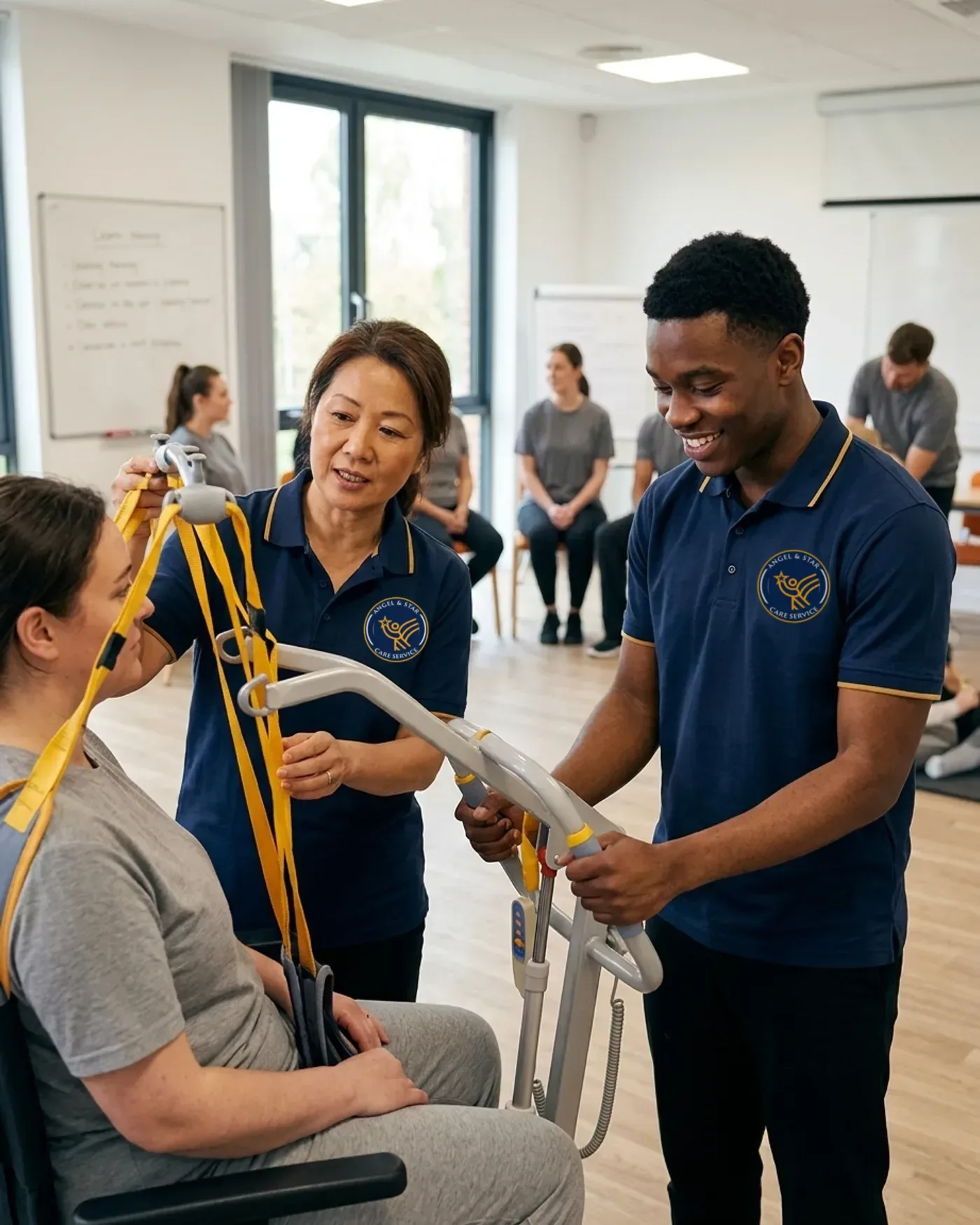 Angel & Star trainee support worker learning moving and handling skills in a training session in Warwickshire