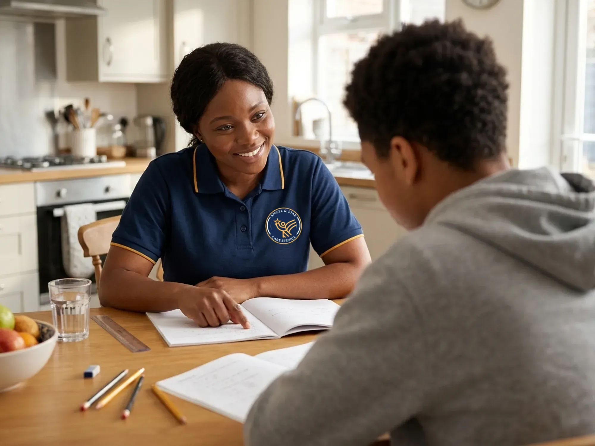 Angel & Star support worker helping a young person with homework, showing the planned children's residential care approach