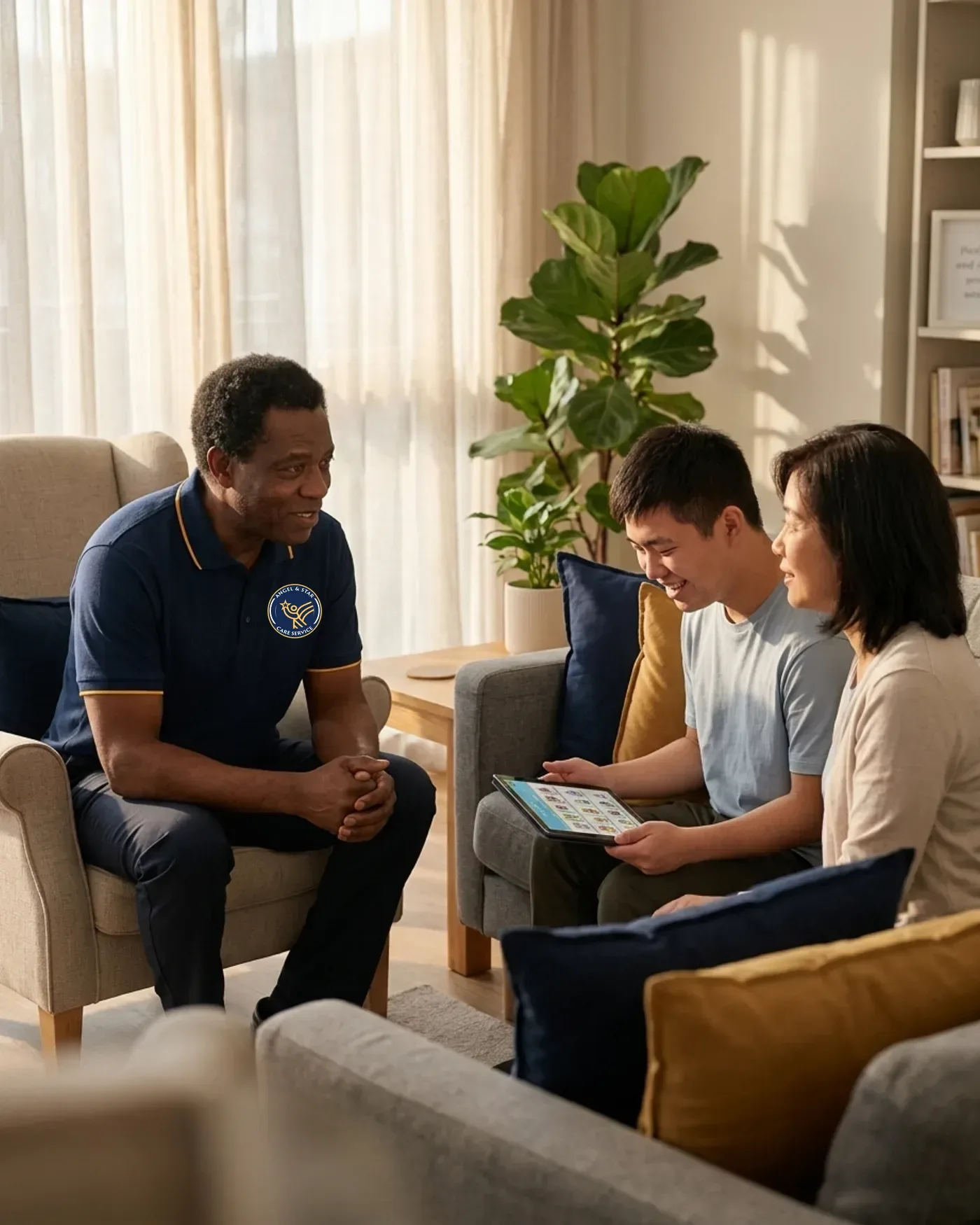Angel & Star support worker talking openly with a young man and his mother about support and costs in a Warwickshire flat