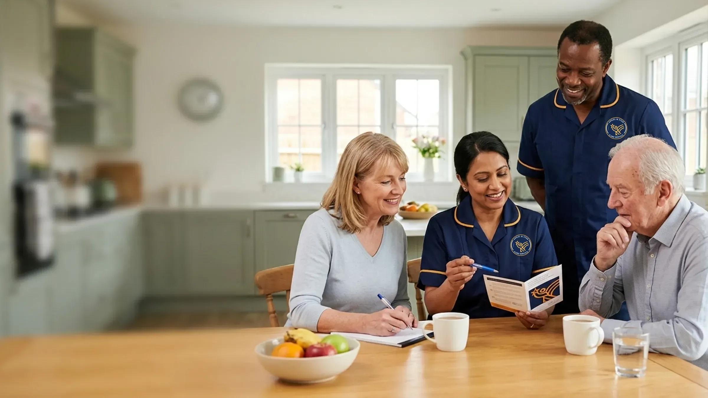 Angel & Star care coordinator explaining care funding options to a father and daughter at home in Nuneaton, Warwickshire