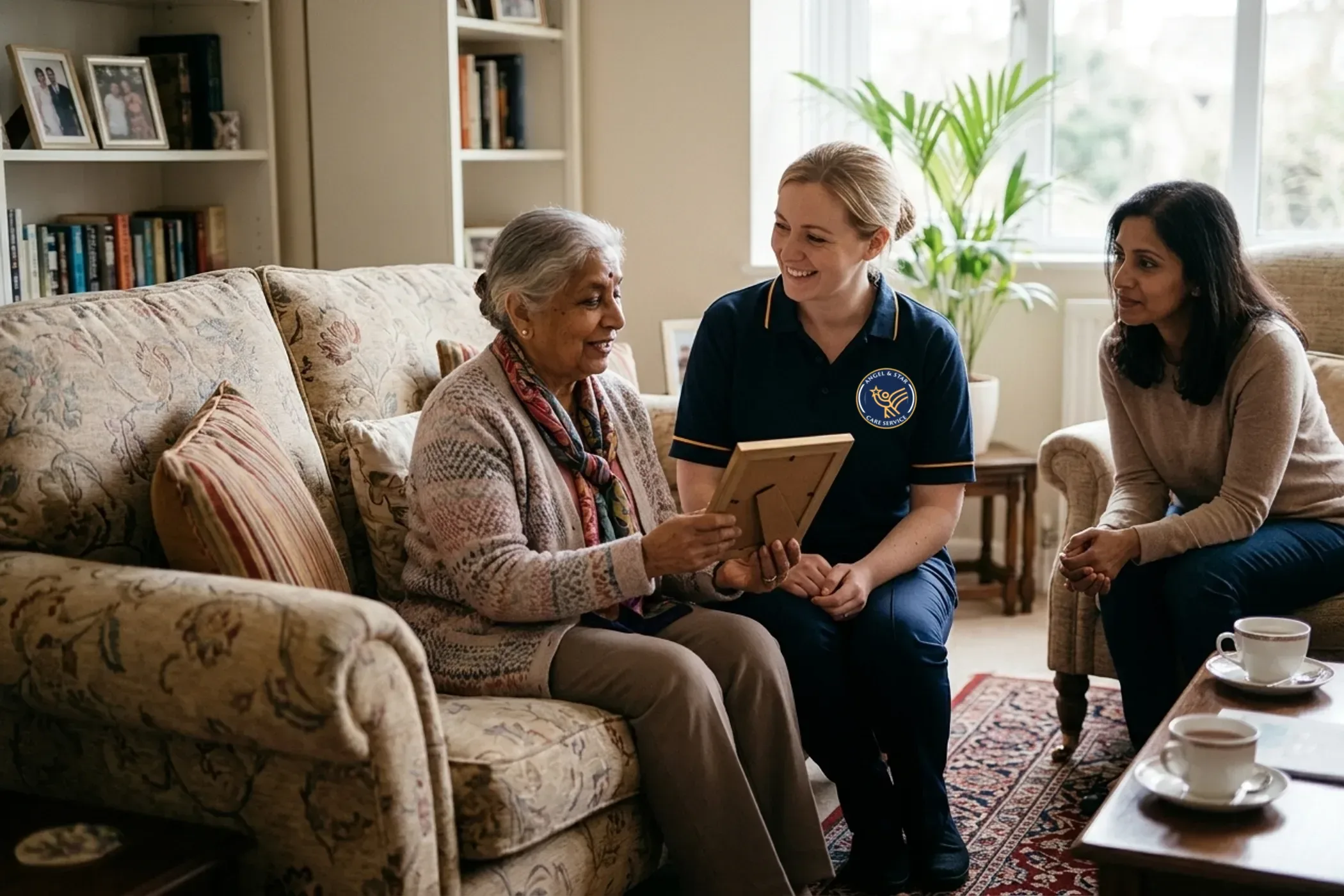 Angel & Star carer getting to know an older woman and her daughter at home before home care starts in Nuneaton