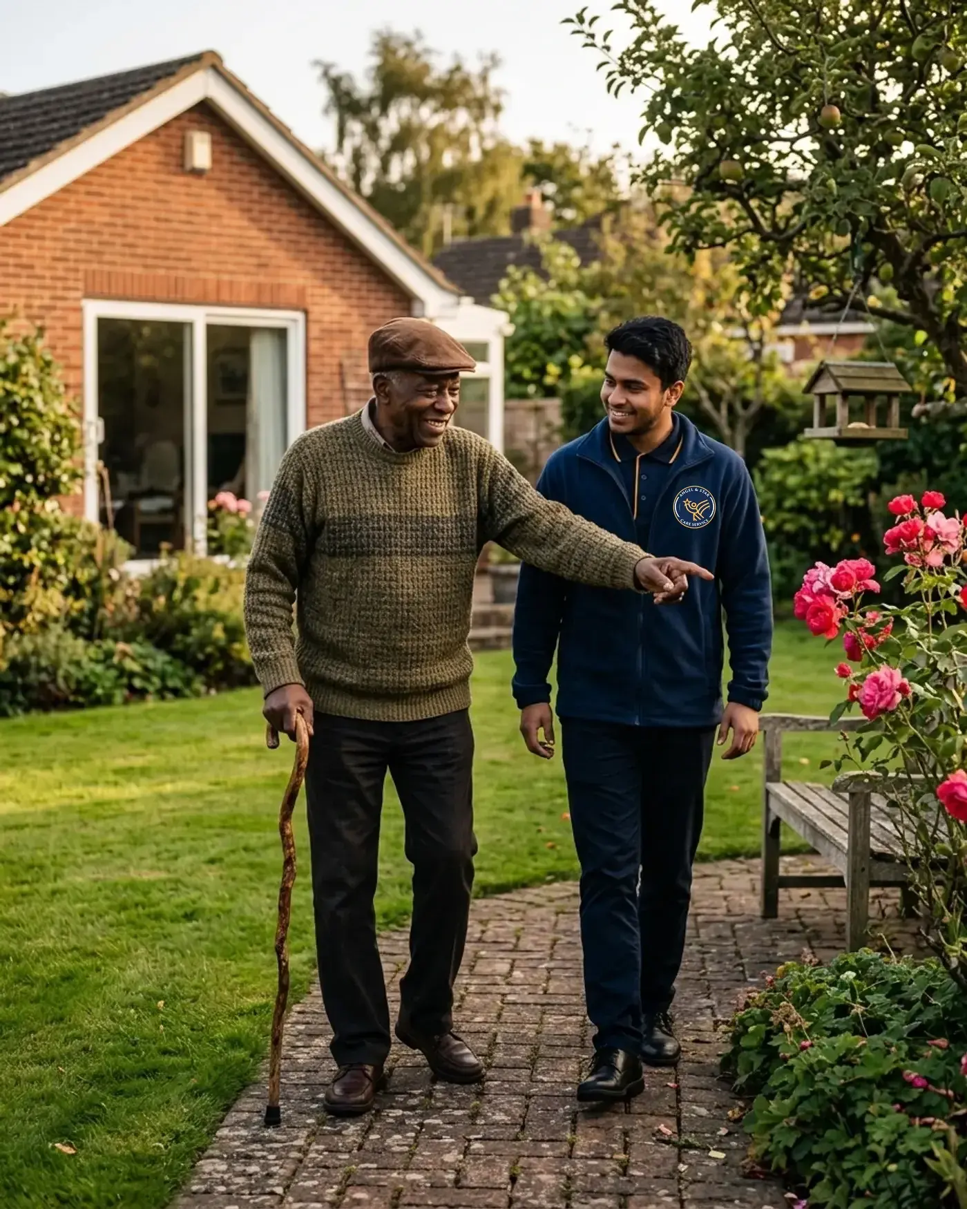 Older man walking in his garden with an Angel & Star carer, staying independent at home with home care in Warwickshire