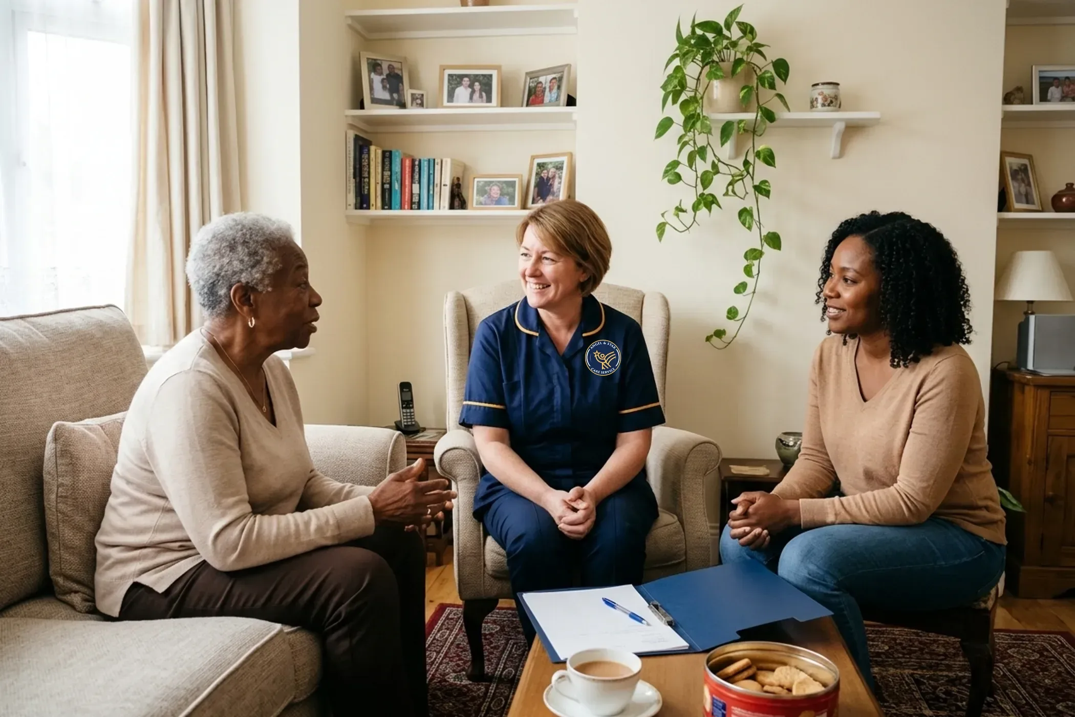 Angel & Star carer talking with an older woman and her daughter at home during a care assessment in Nuneaton