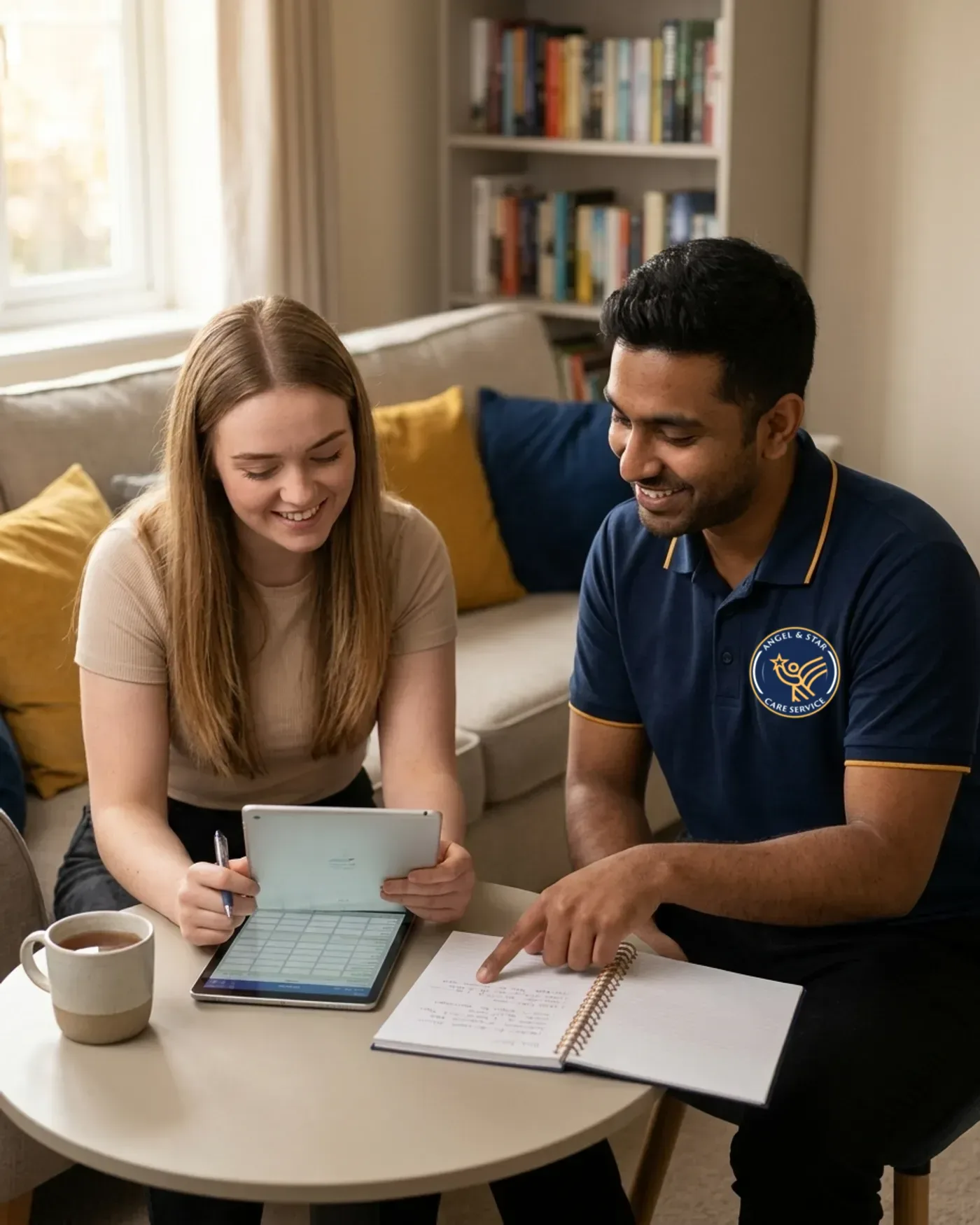 Young woman planning her weekly budget with support from an Angel & Star support worker in a supported living home in Warwickshire
