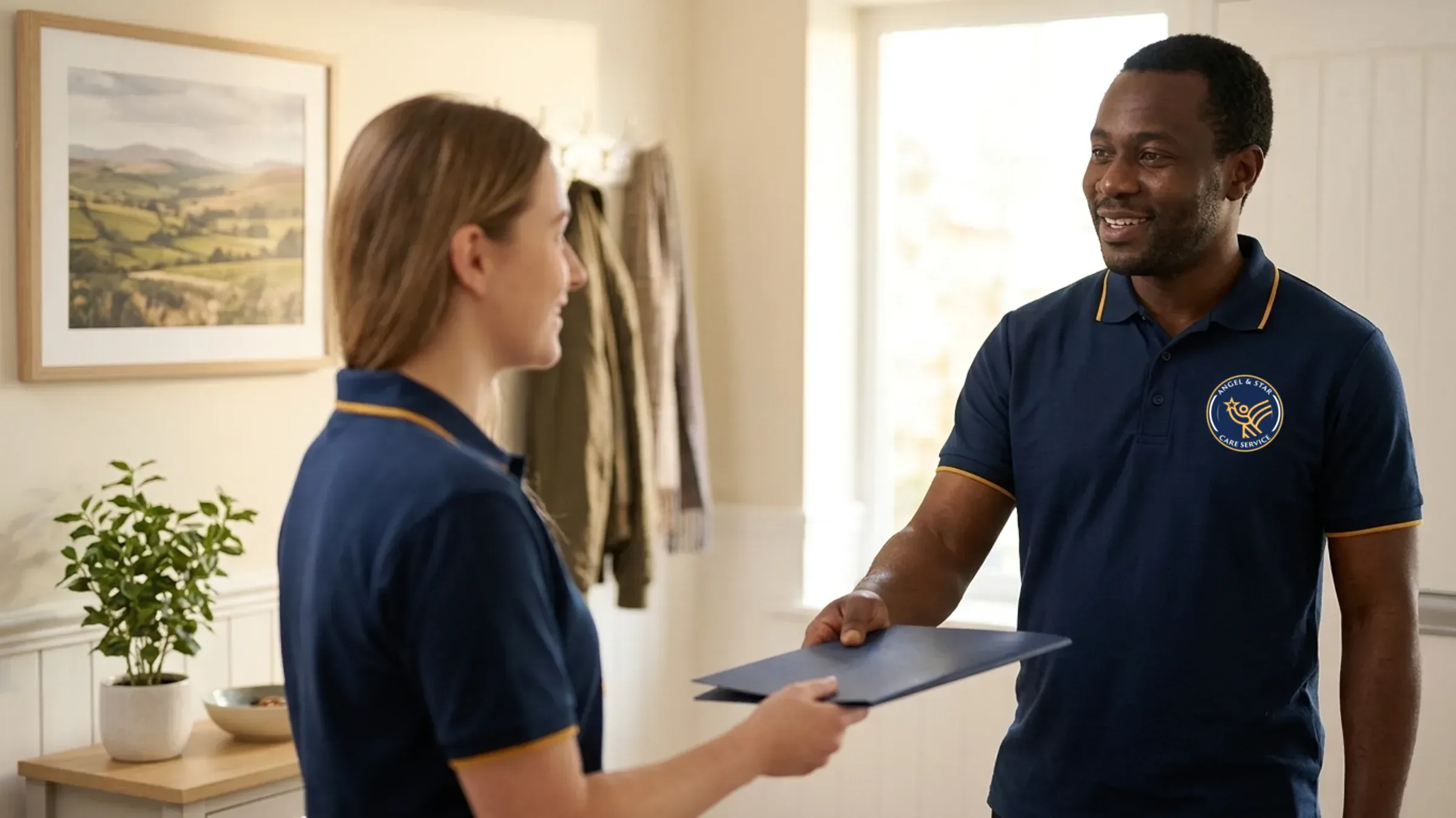 Angel & Star senior support worker handing over to a colleague at a supported living home in Warwickshire