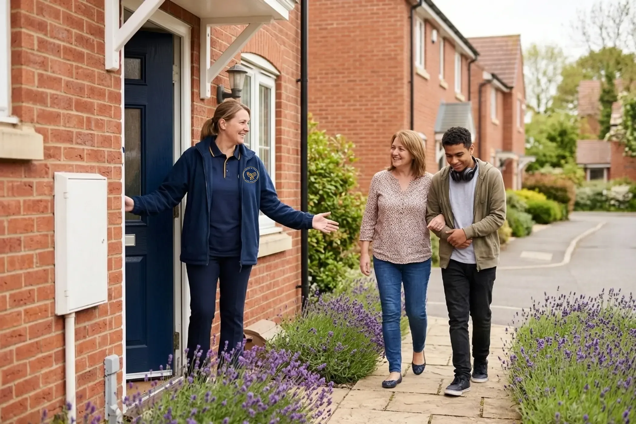 Angel & Star support worker welcoming a mother and her adult son for a supported living home visit in Warwickshire