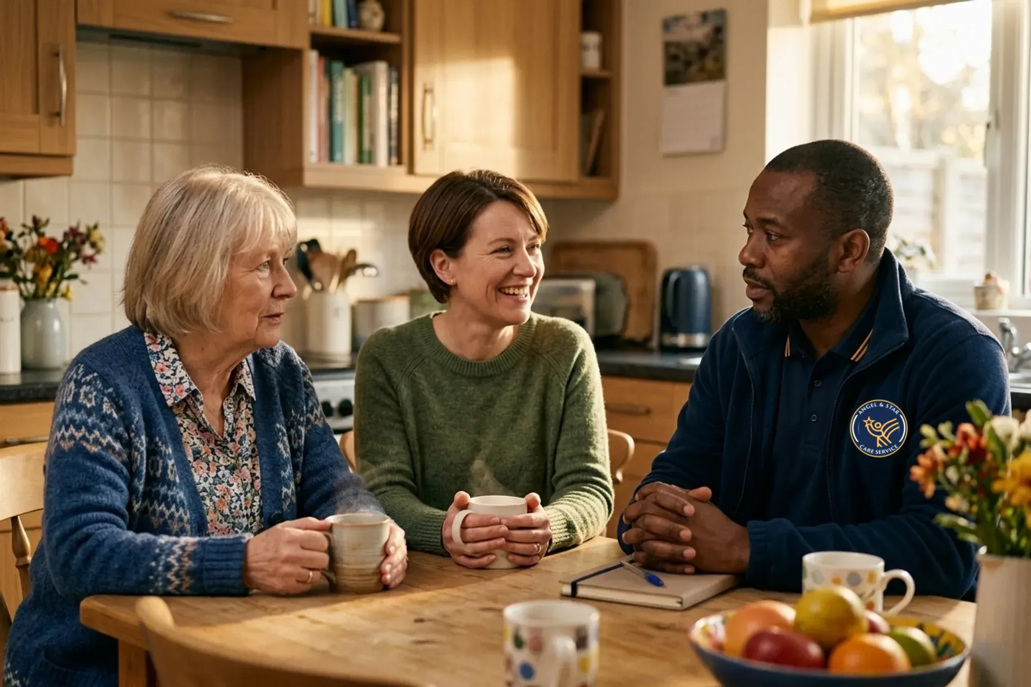 Angel & Star care manager talking with a mother and daughter at their kitchen table during a home care assessment in Nuneaton