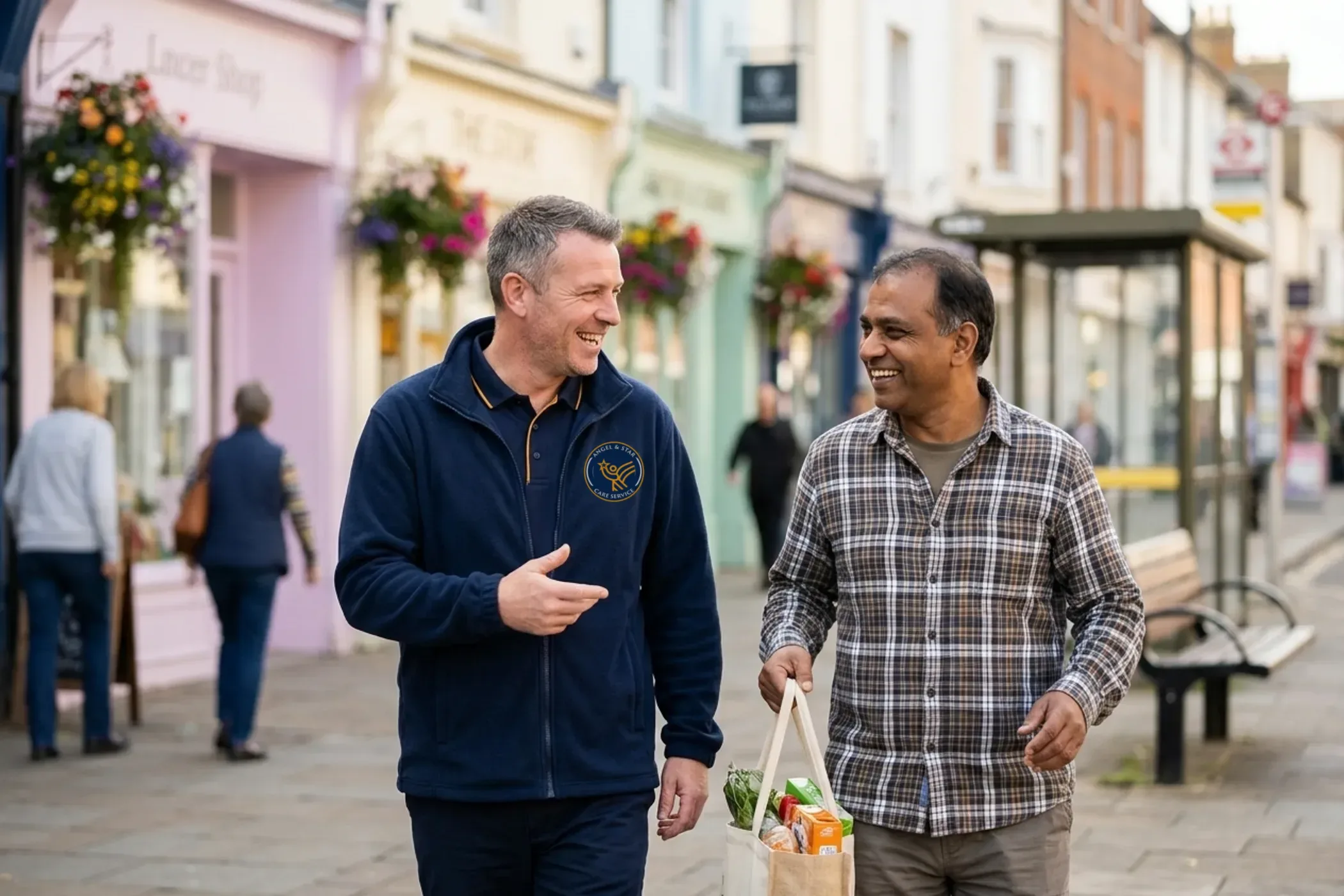 Man with a learning disability shopping in the town centre with an Angel & Star support worker as part of supported living in Nuneaton