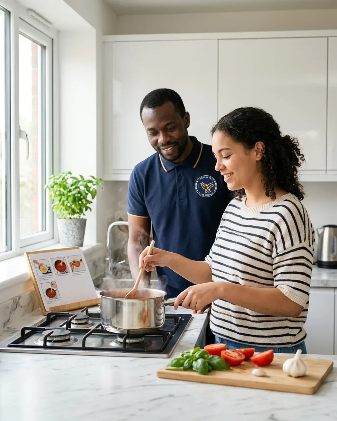 Young woman cooking a meal on her own with encouragement from an Angel & Star support worker in a supported living flat in Warwickshire